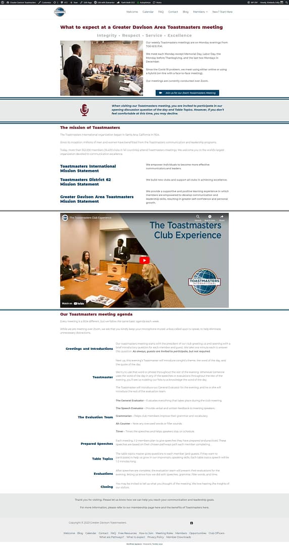 Sample optimized website page for a club Toastmasters website, showing how layout can help content be more easily digested